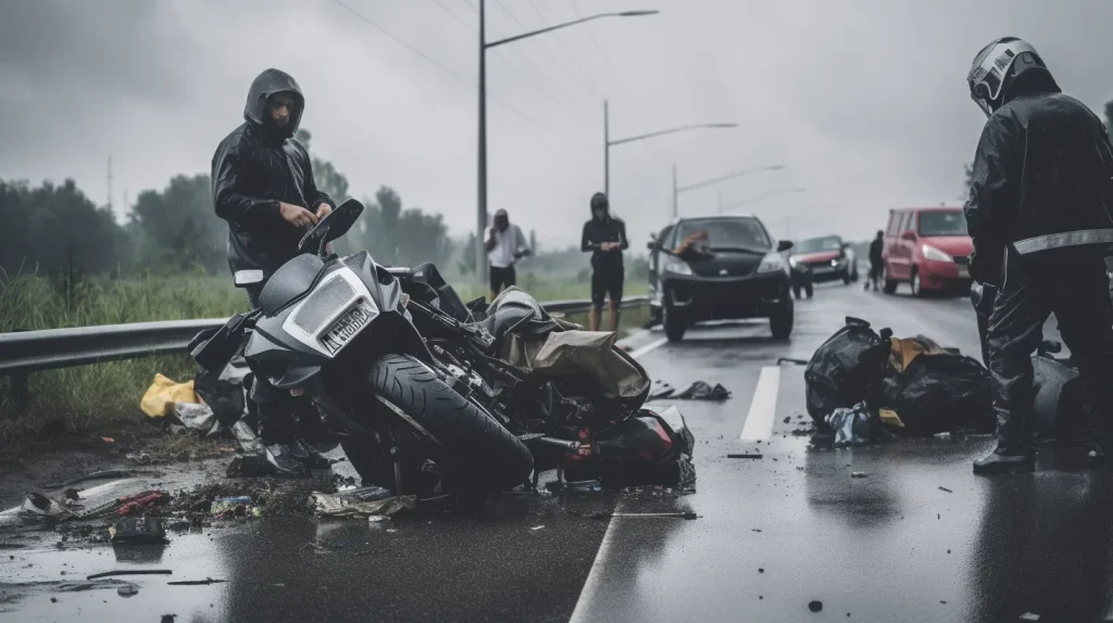 Motorcycle and car involved in a fatal accident on the highway, an image from the On6 TEAM 'Expert Accident Scene Management Techniques' training program.