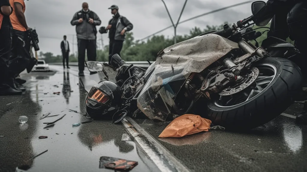 Motorcycle involved in a severe car accident on the highway, image from On6 TEAM's 'Expert Accident Scene Management Techniques' training program.