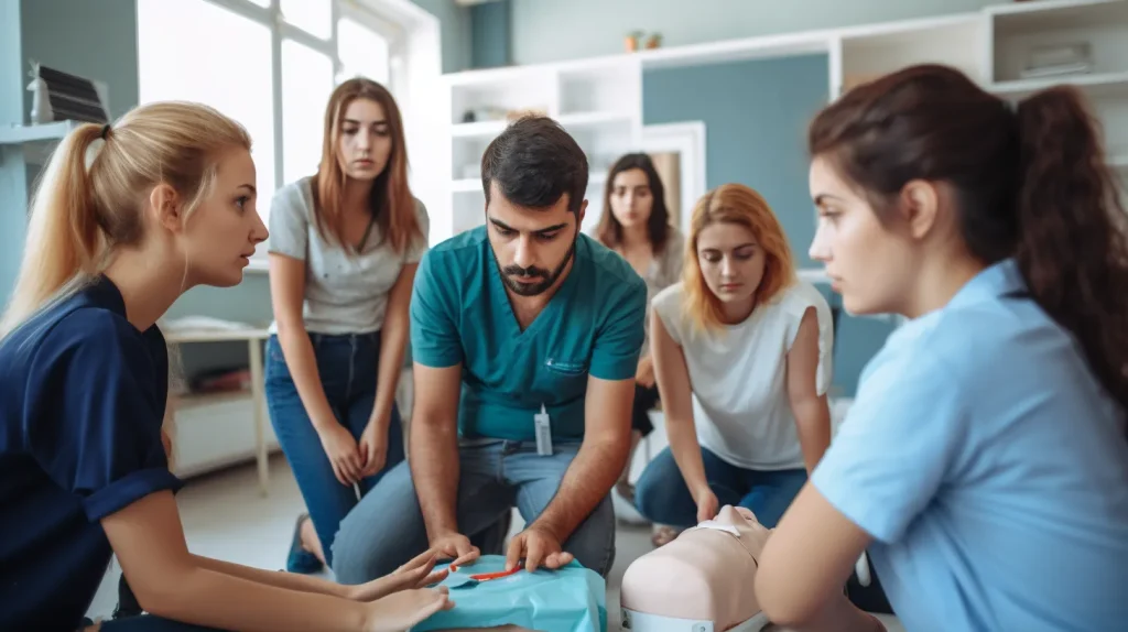 Class of first aid trainees with the instructor demonstrating CPR, a scene from On6 TEAM's certified 'First Aid for All' training program.