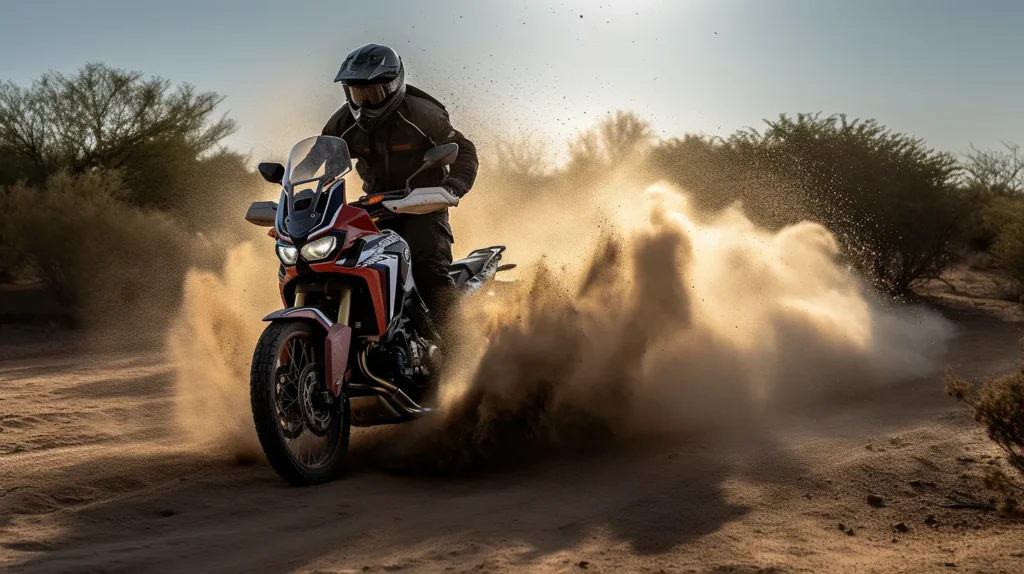 Instructor Grigoris Lampros on a high displacement adventure bike safely navigating off-road terrain, a scene from On6 TEAM's 'Adventure RiderCourse' training program.