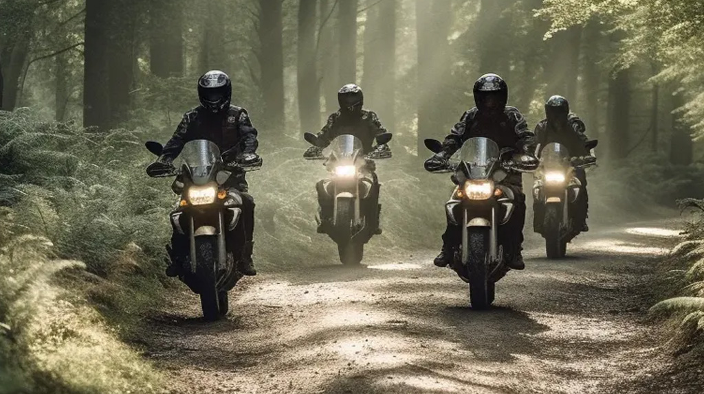 Group of motorcyclists riding on country roads, an image from On6 TEAM's interactive 'Group-Riding' 2-hour seminar.