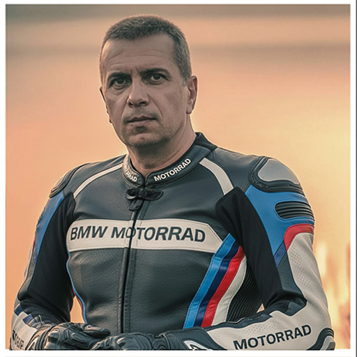 Grigoris Lampros, a professional motorcycle safety and first aid instructor, stands beside a motorcycle in his training center.