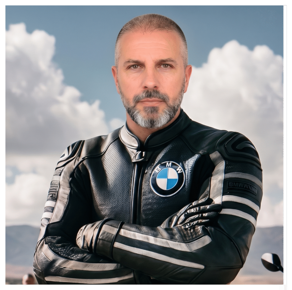 Grigoris Lampros, a professional motorcycle safety and first aid instructor, stands beside a motorcycle in his training center.