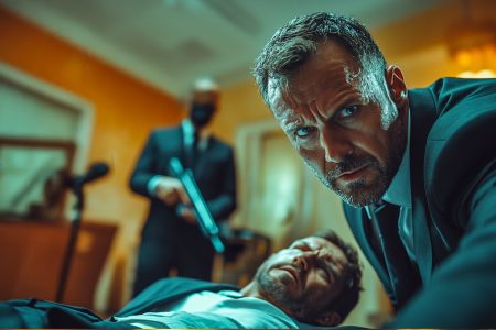 A bodyguard performing CPR on an unconscious VIP