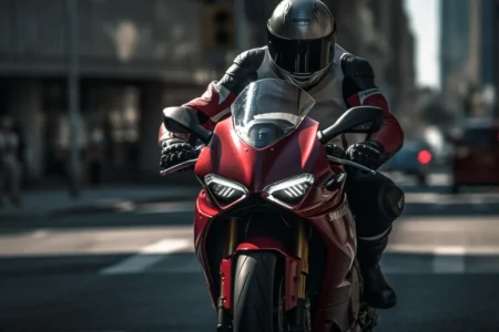 Grigoris Lampros on a high-civility motorcycle safely traversing in and out of the city, an image from On6 TEAM's 'Open Road RiderCourse' training program.