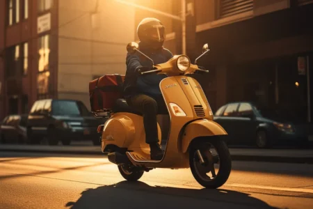 Young motorcyclist riding a Vespa on city streets, representing On6 TEAM's 'SityPro Riding' course.