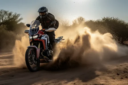 Instructor Grigoris Lampros on a high displacement adventure bike safely navigating off-road terrain, a scene from On6 TEAM's 'Adventure RiderCourse' training program.